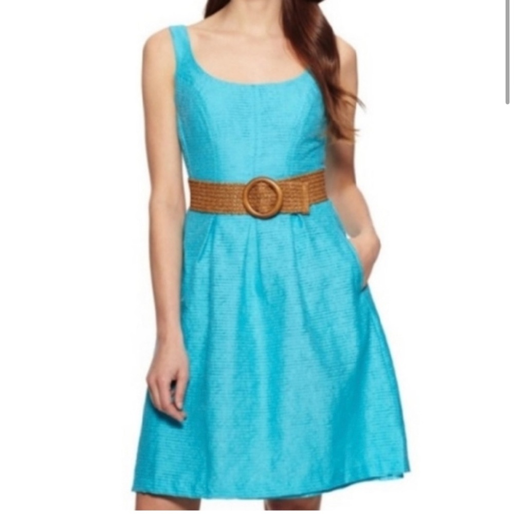 Nine West Aqua Teal Turquoise Fit and Flare Sleeveless Belted Dress w Bra Snaps